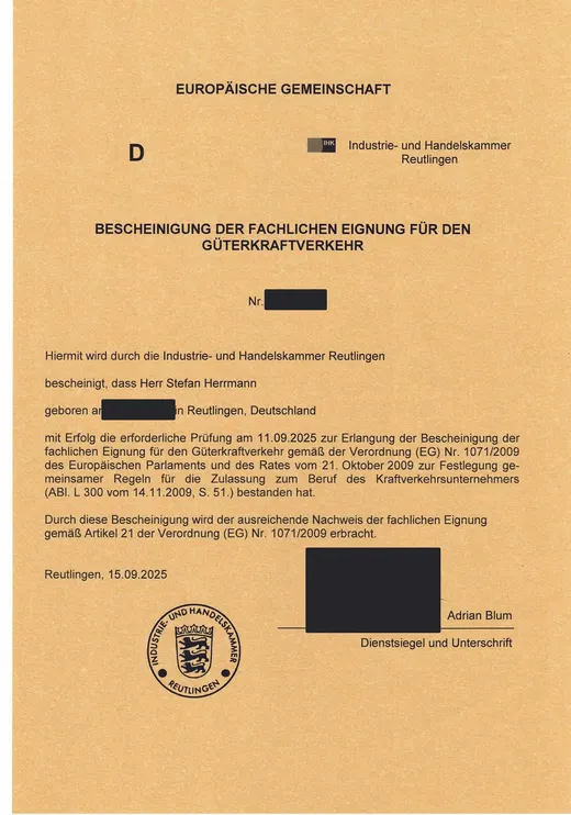 Bescheinigung der fachlichen Eignung für den Güterkraftverkehr, ausgestellt auf Stefan Herrmann, personenbezogene Angaben geschwärzt