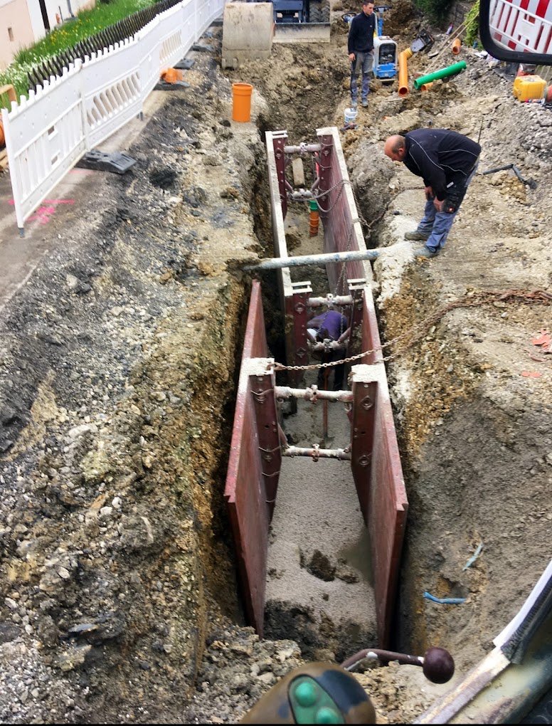 Rohrgraben mit Verbaubox und verlegter Leitung